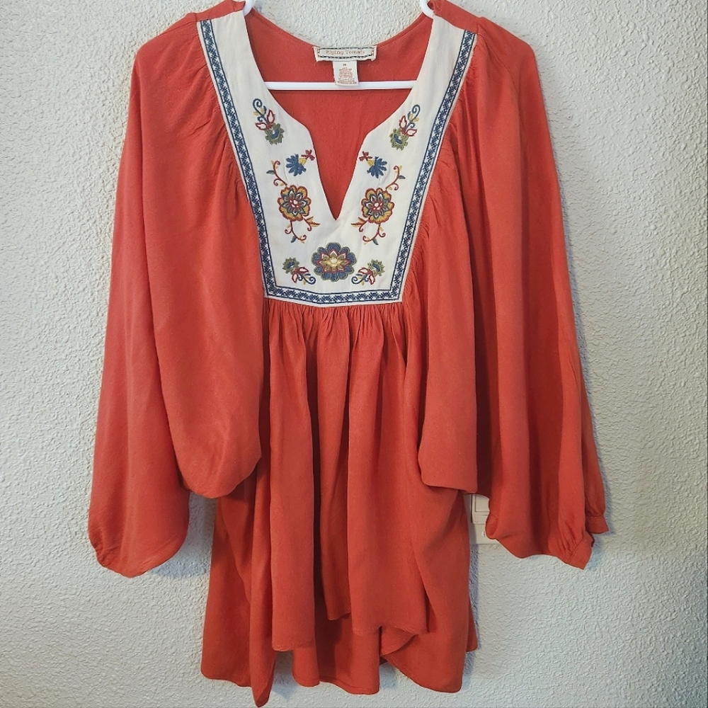 Orange Boho 3/4 Balloon Sleeve Embroidered Peasant Top By Flying Tomato Size M